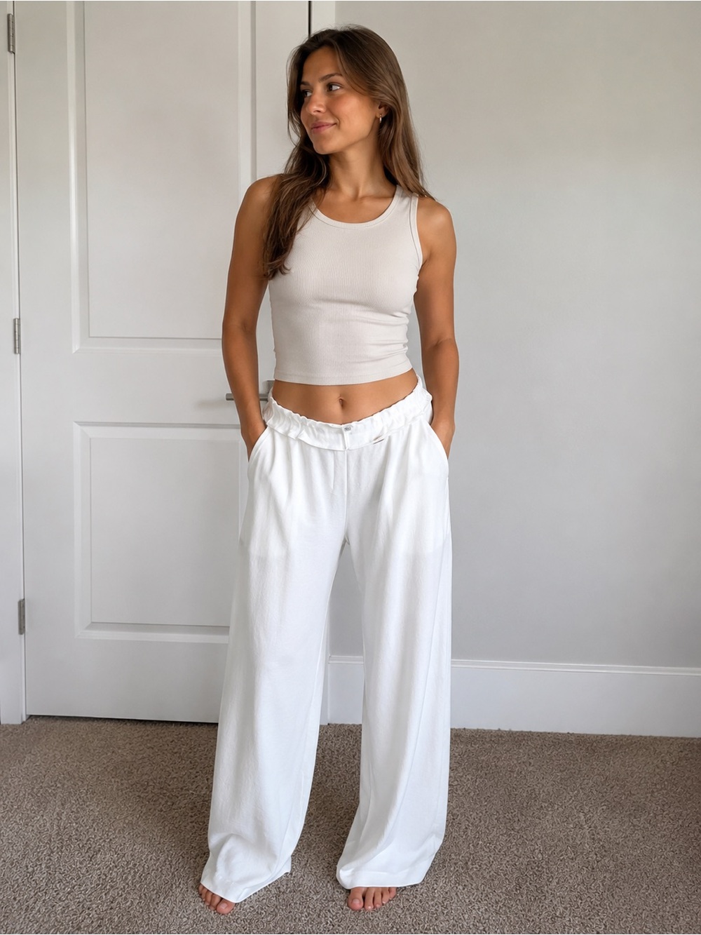High-Rise White Wide-Leg Lounge Pants with Ruffled Waist
